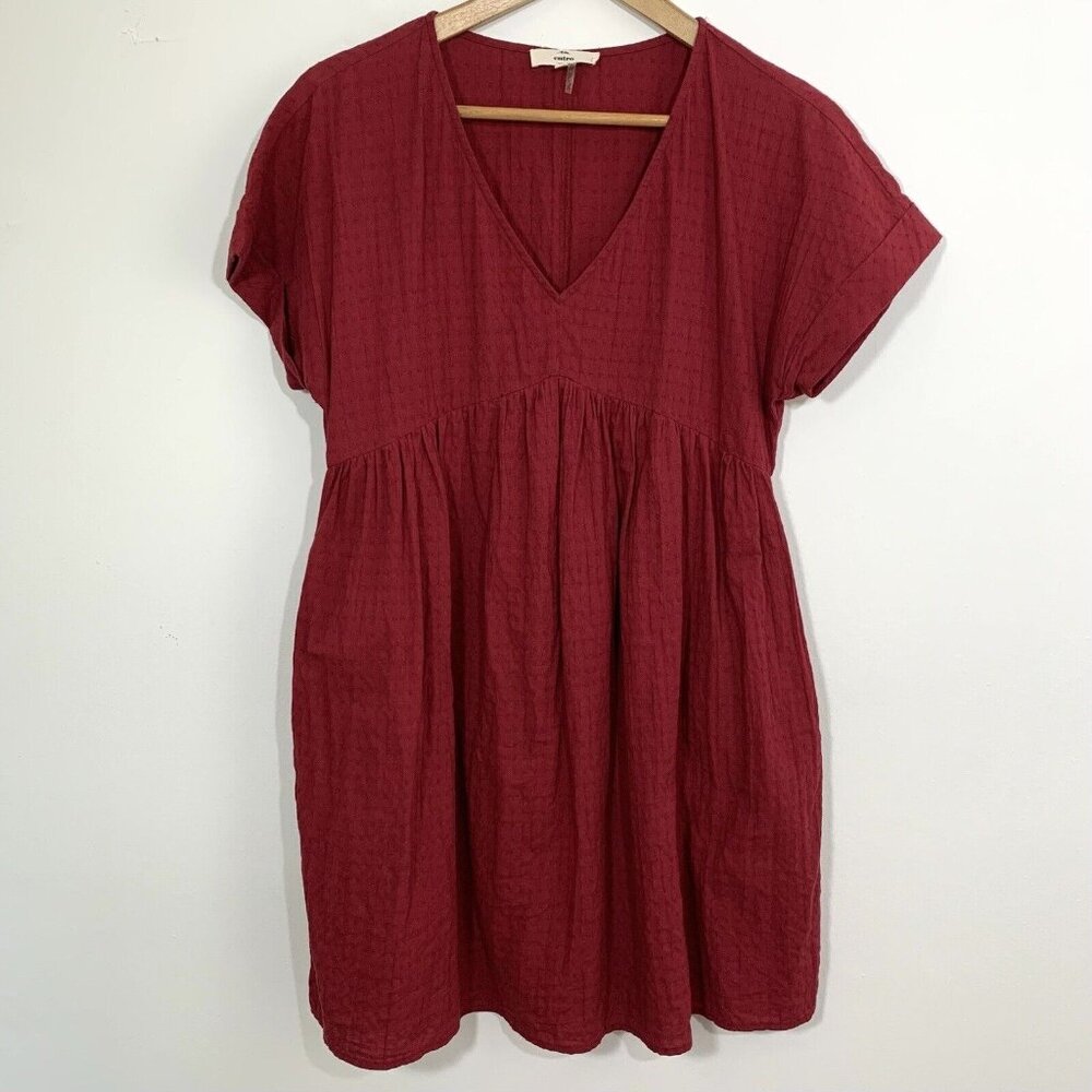 ENTRO Dress Women’s Baby Doll Brick Red Midi V Neck S/S Lined w/ Pockets SZ S